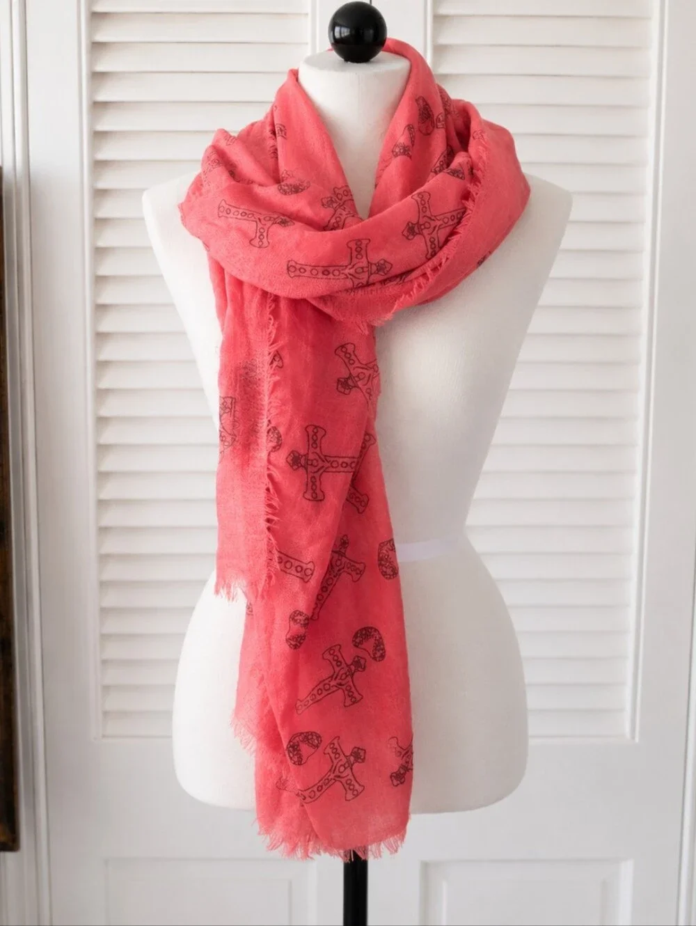 Red Pink Heart Cross Print Viscose Scarf Fringe Lightweight Boho Wrap